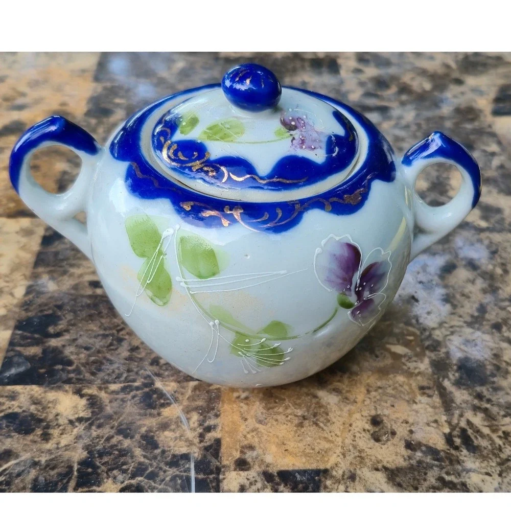 Vintage Made in Japan Hand Painted‎ Floral Tea Pot and Sugar Bowl Cobalt  gold
